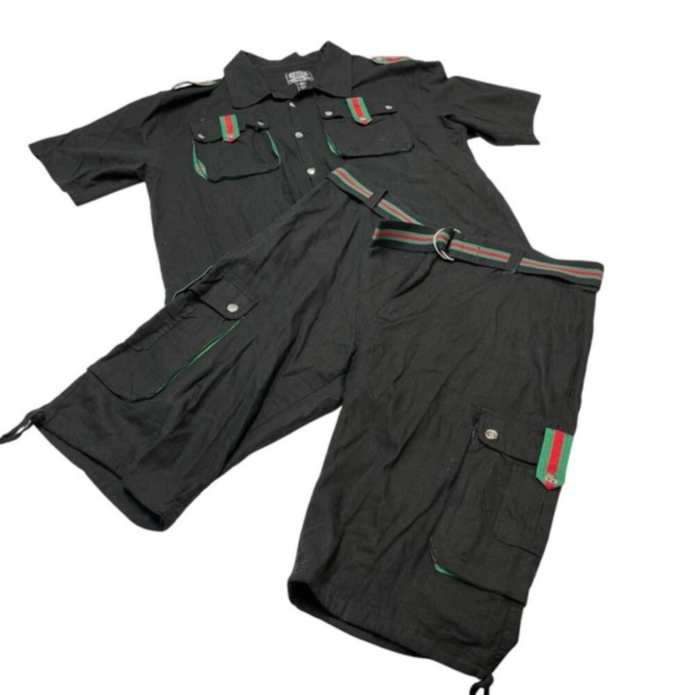 Z Brand Cargo Short Shirt Set Mens 2XL Black Linen Blend Button Down Festival